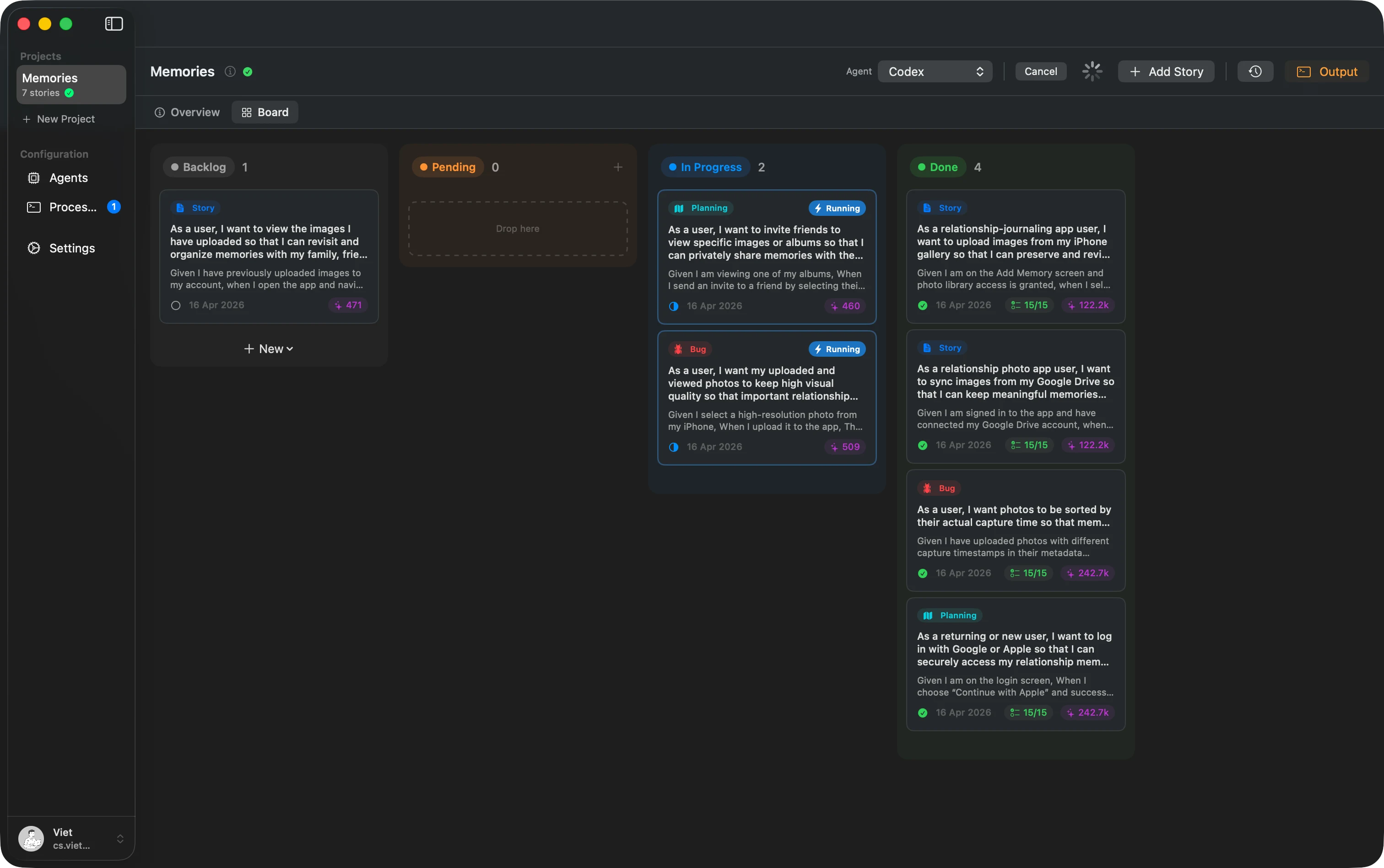 Completed stories on the Instify board
