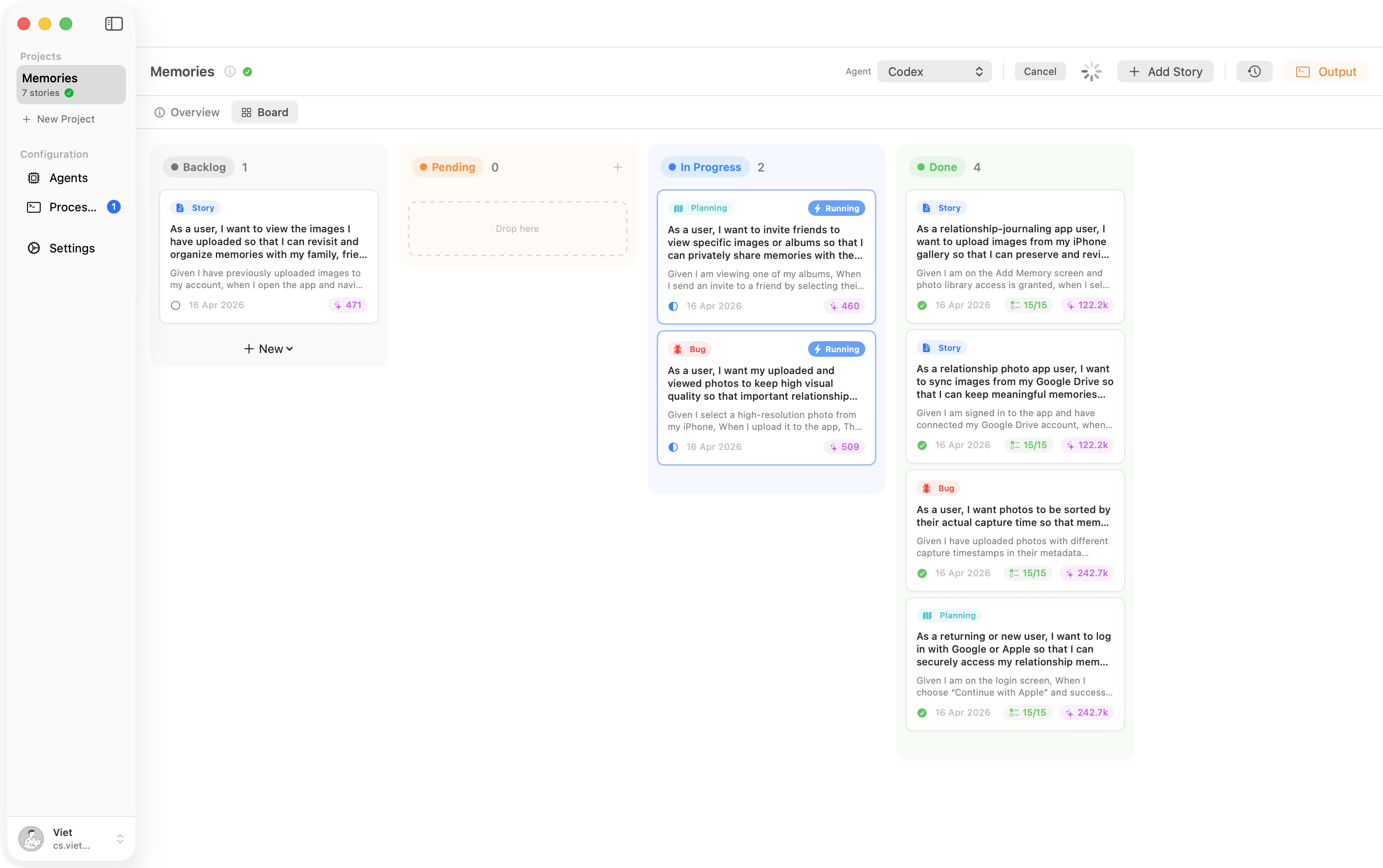 Kanban board with Backlog, Pending, In Progress and Done columns
