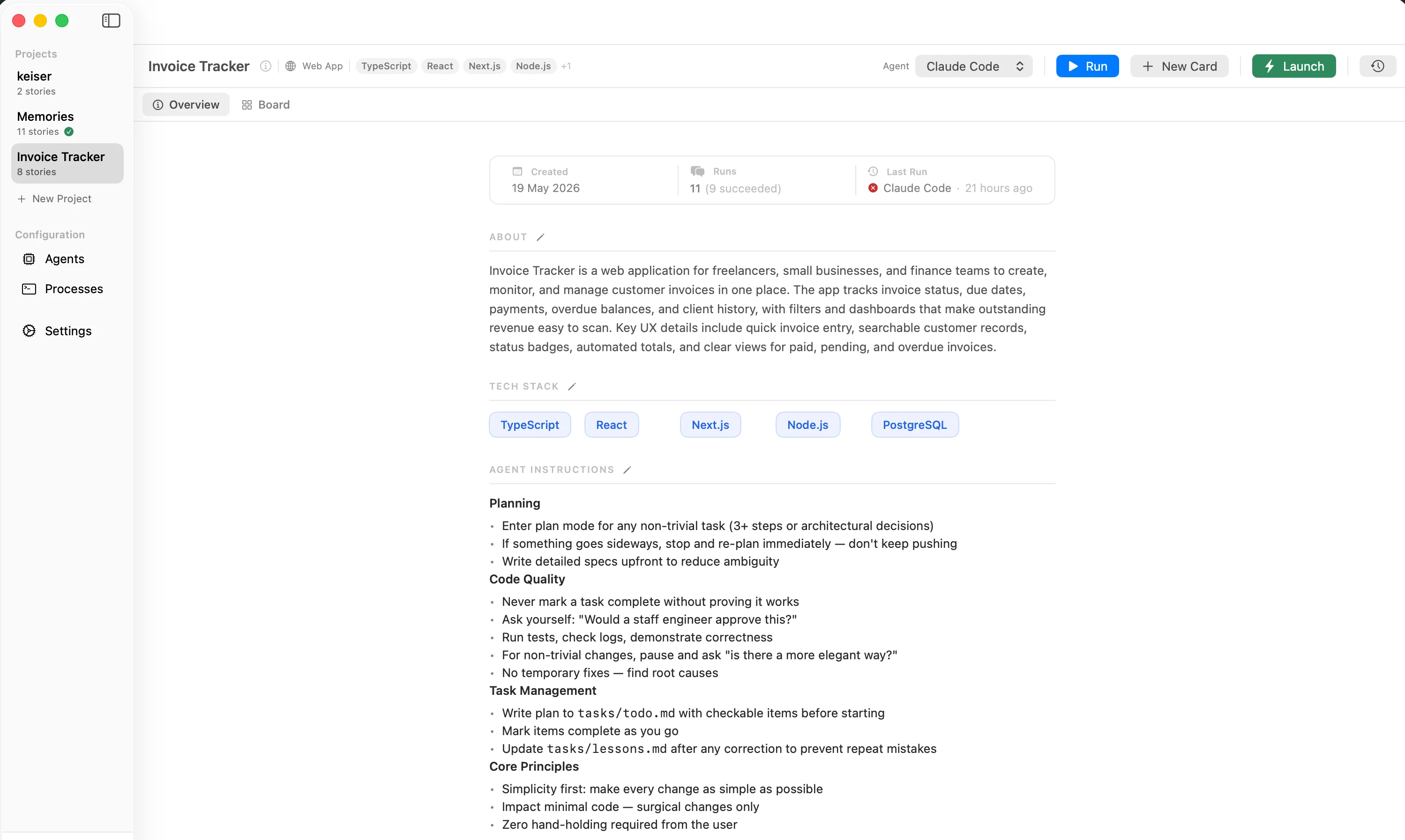 An Instify project overview with description, tech stack, and agent instructions