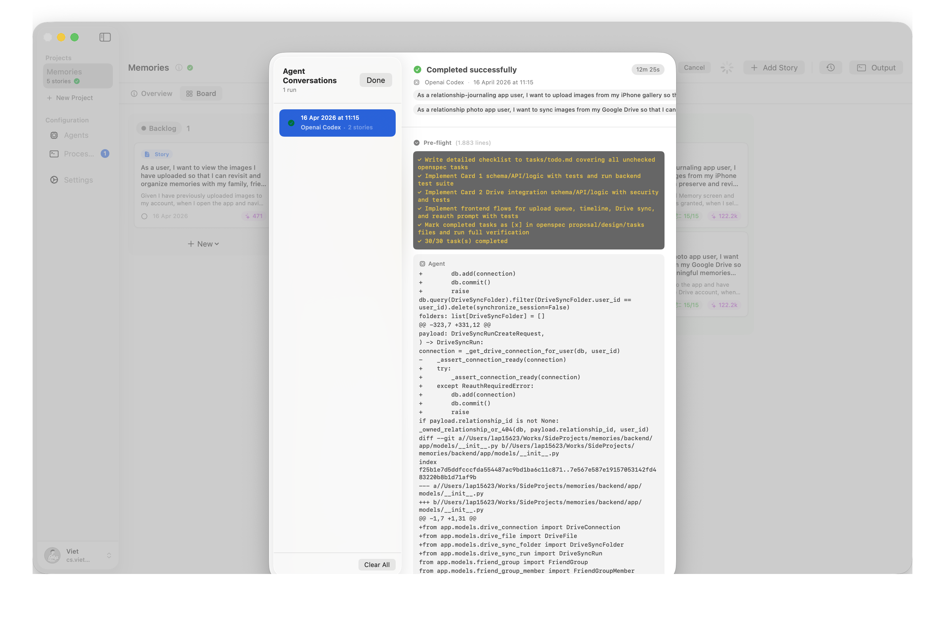 Execution history showing agent conversations and completed tasks