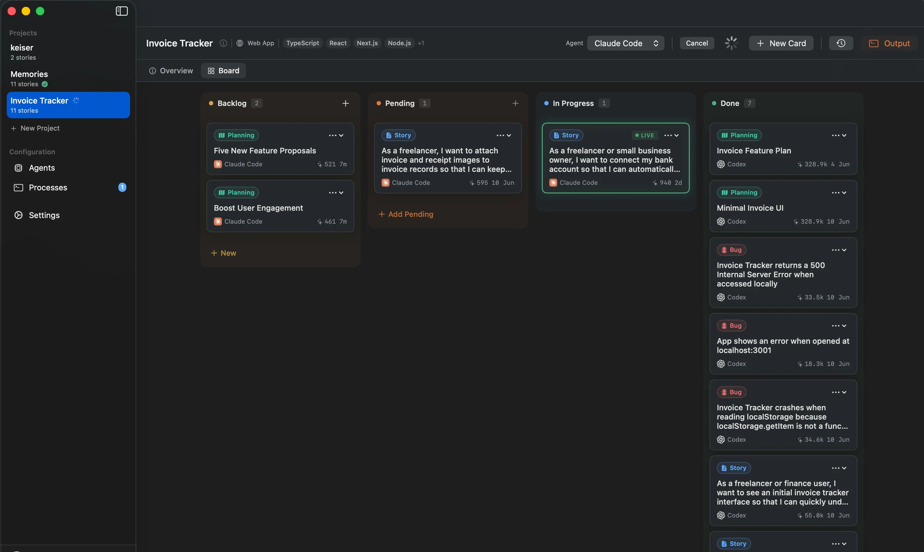 The Instify board with an AI coding agent running a story live