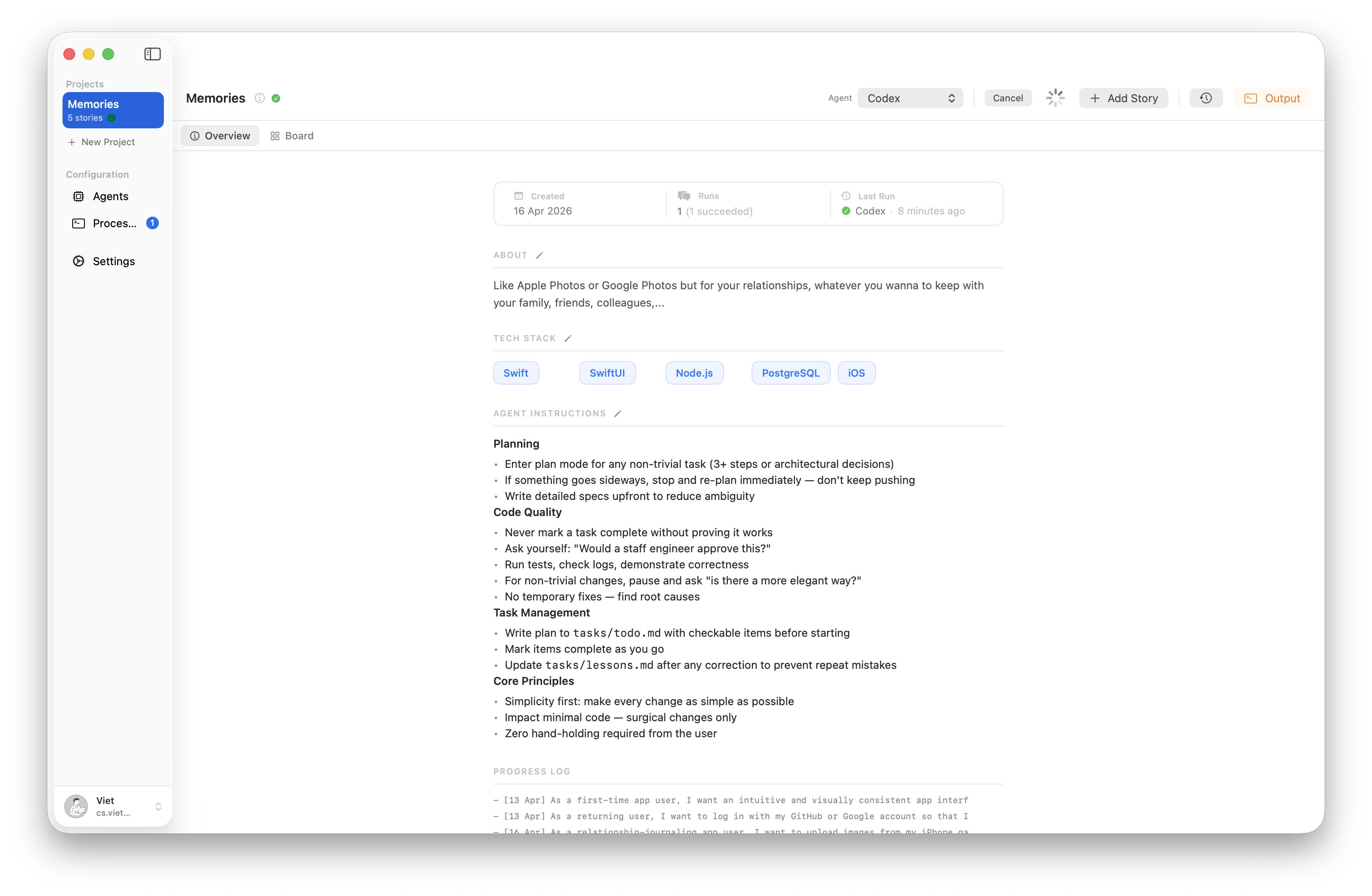 Project overview showing tech stack, agent instructions and recent activity