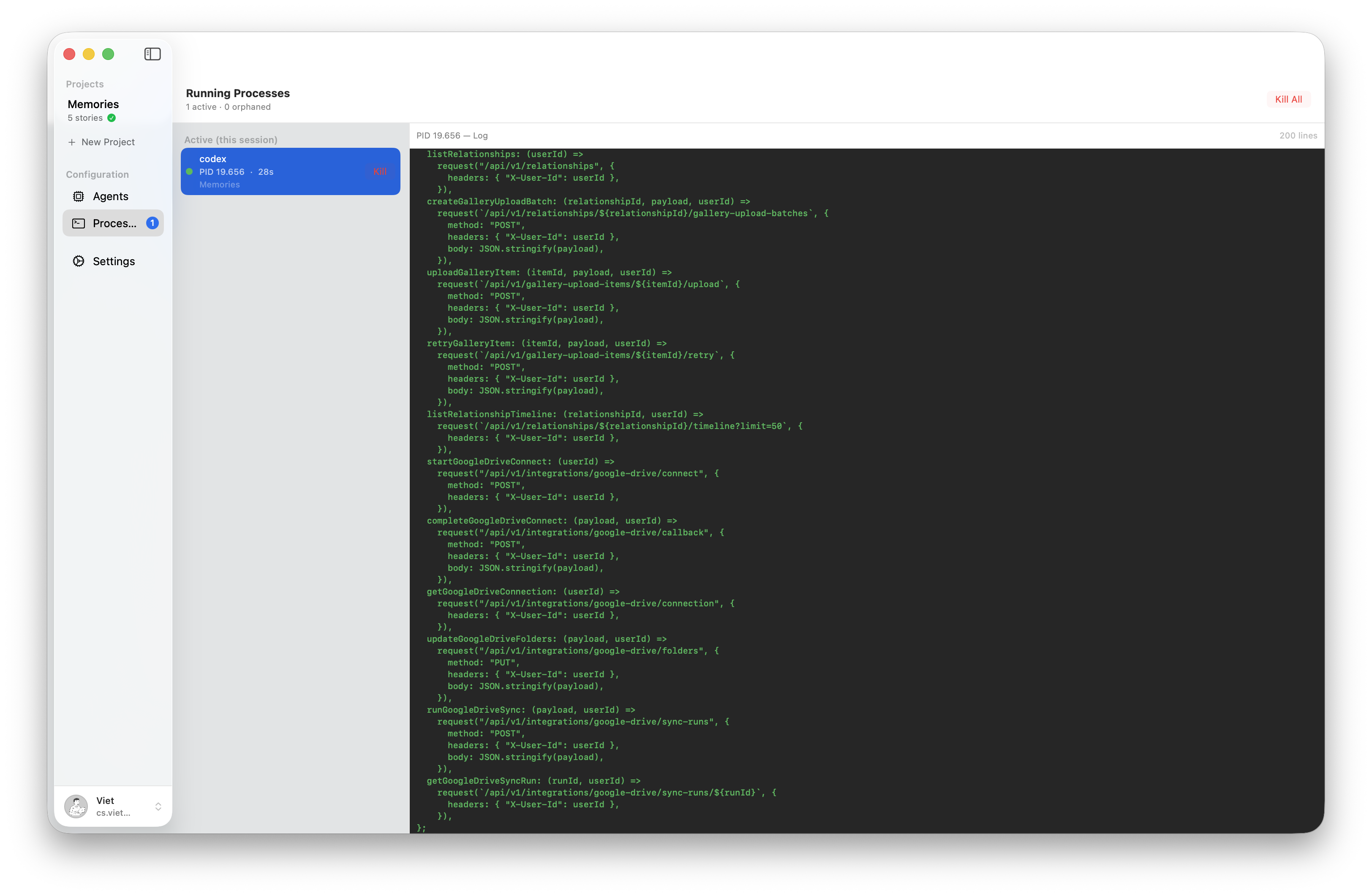 Live terminal output from running AI agent