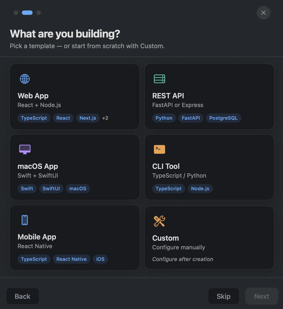 Instify project templates: Web App, REST API, macOS App, CLI Tool, Mobile App, and Custom — each with its tech stack