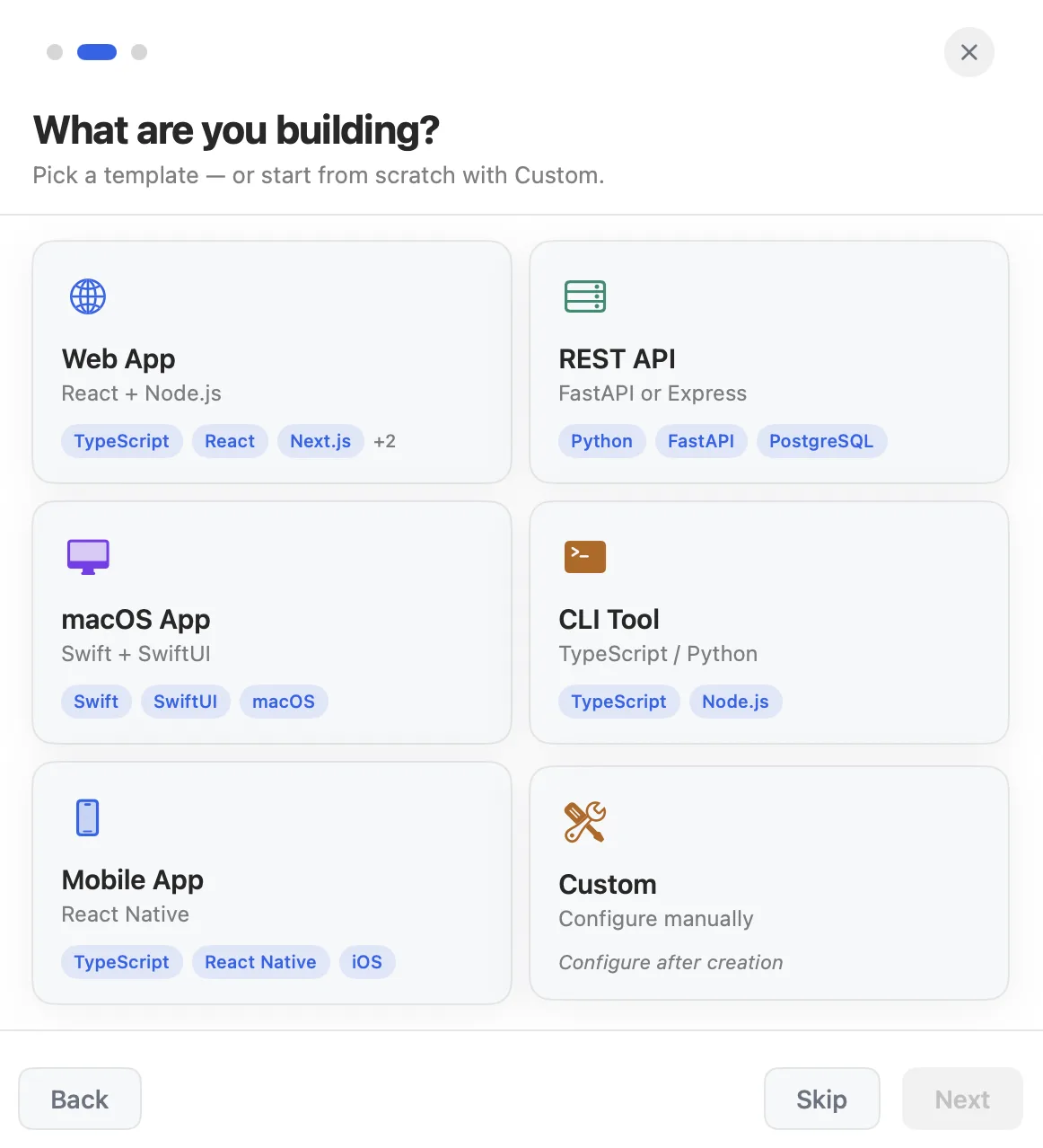 Instify project templates: Web App, REST API, macOS App, CLI Tool, Mobile App, and Custom — each with its tech stack
